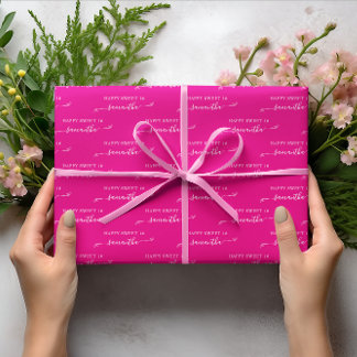 Hot Pink and White Happy Sweet 16 Cute Bow Name Wrapping Paper Sheet