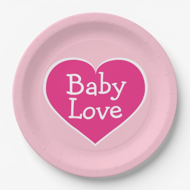 Hot Pink and White Heart Baby Love Paper Plate (Front)