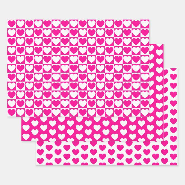Hot Pink and White Hearts Wrapping Paper Sheet (Set)