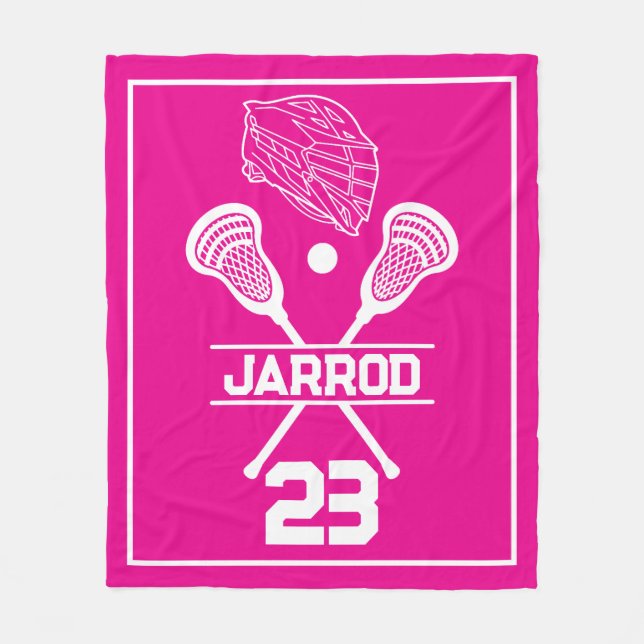 Hot Pink and White Lacrosse Player Number Sports Fleece Blanket (Front)
