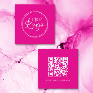 Hot Pink and White Logo Minimalist QR Code Square Business Card