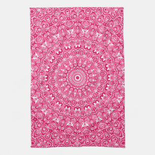 Hot Pink and White Mandala Pattern Tea Towel