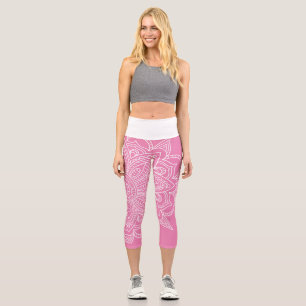 Hot Pink and White Mandala Yoga Capri Leggings