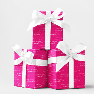 Hot Pink and White Merry Christmas Cute Bow Name Wrapping Paper Sheet