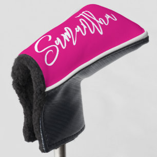 Hot Pink and White Modern Brush Script Golf Head Cover