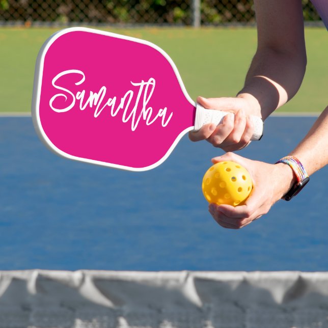 Hot Pink and White Modern Brush Script Pickleball Paddle (Insitu)