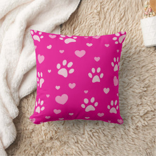Hot Pink and White Paw Print and Hearts Pillow