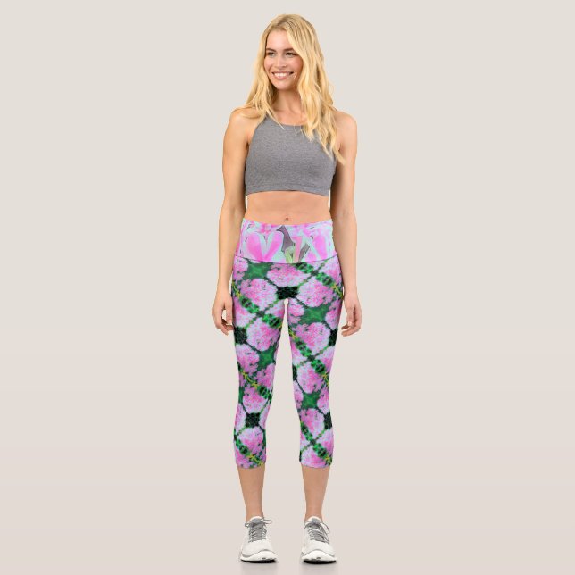 Hot Pink and White Peppermint Twist Garden Phlox Capri Leggings (Front)