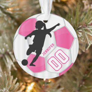 Hot Pink and White Personalise Girl Soccer Player Ornament