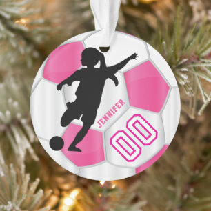 Hot Pink and White Personalise Girl Soccer Player Ornament