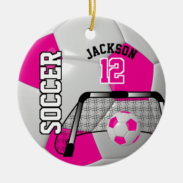 ⚽ Hot Pink and White Personalise Soccer Ball Ceramic Tree Decoration (Front)