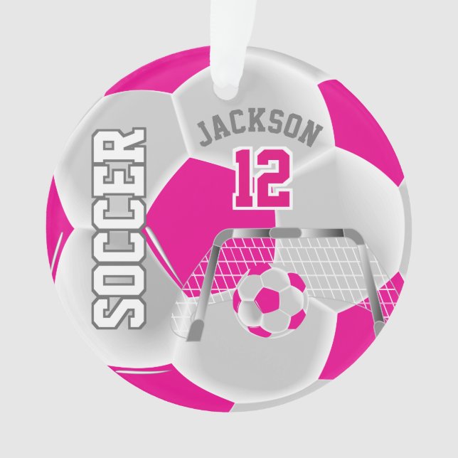 Hot Pink and White Personalise Soccer Ball Ornament (Front)