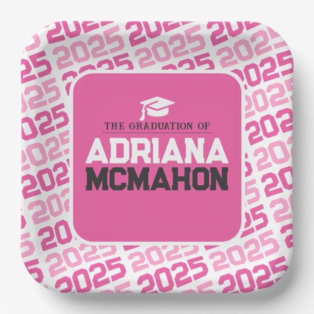 Hot Pink and White Personalised Graduation Paper Plate (Front)