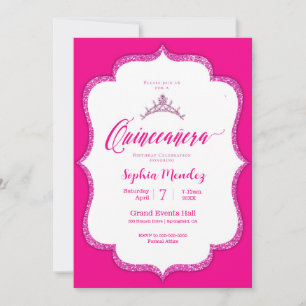 Hot Pink and white Quinceanera Invitation