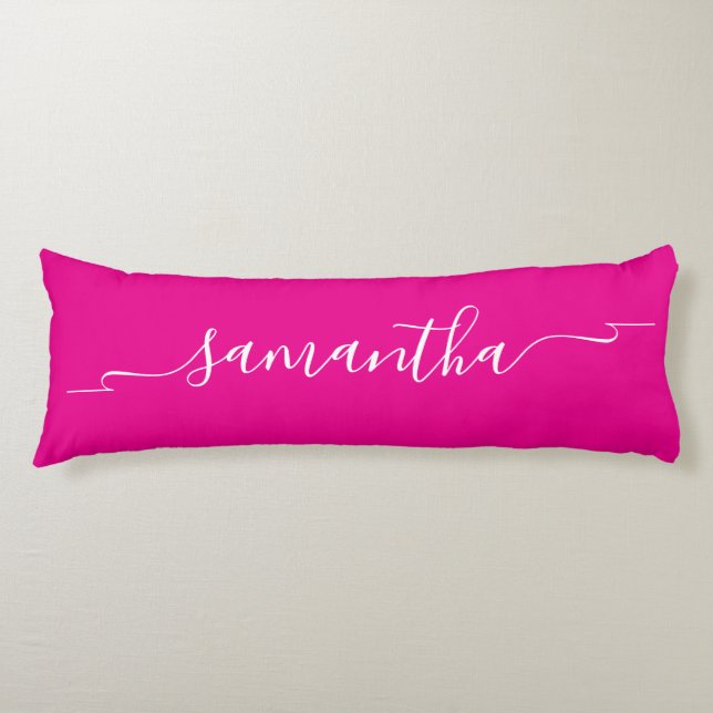 Hot Pink and White Ribbon Swash Signature Name Body Cushion (Front)