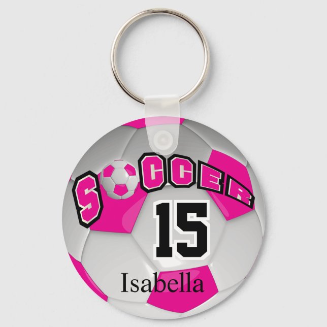 Hot Pink and White  Soccer Ball Key Ring (Front)