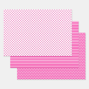 Hot Pink and White Stripes Chevron Polka Dots Wrapping Paper Sheet