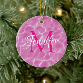 Hot Pink and White Swimming Pool Photo Monogram Ceramic Tree Decoration