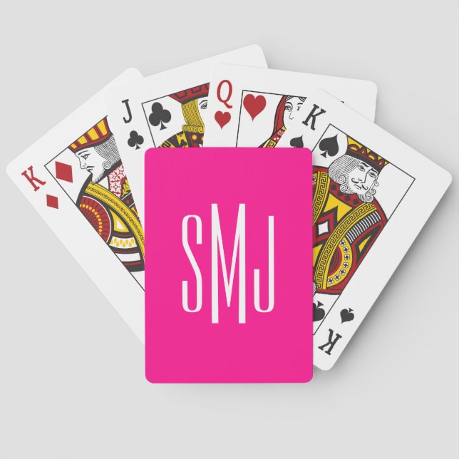 Hot Pink and White Three Letter Monogram Playing Cards (Back)