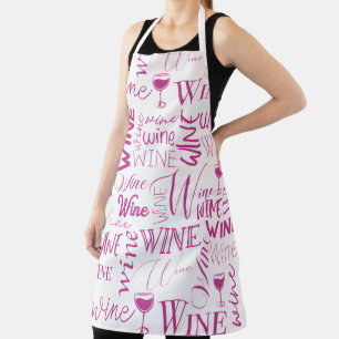 Hot Pink And White Wine Typography Pattern Apron