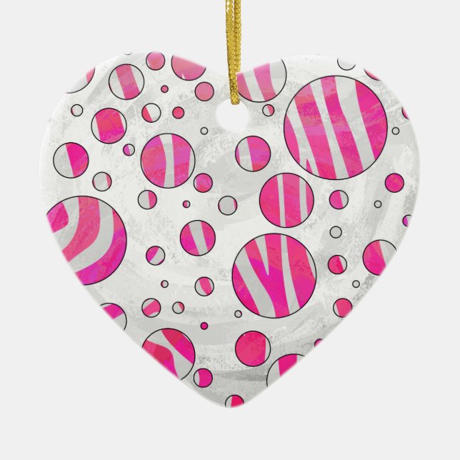 Hot Pink and White Zebra Polka Dots Ceramic Tree Decoration (Front)