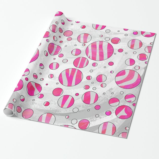 Hot Pink and White Zebra Polka Dots Wrapping Paper (Unrolled)