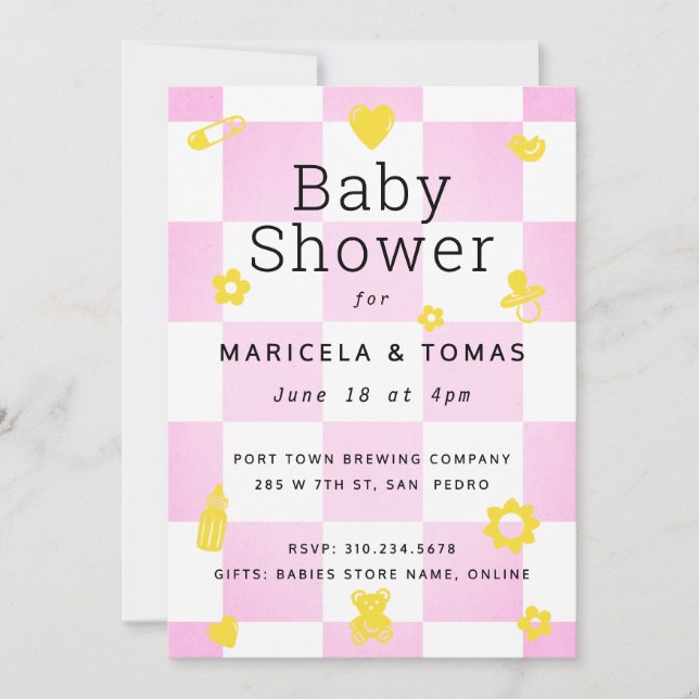 Hot Pink and Yellow Chequered Baby Shower Invitation (Front)