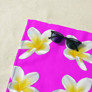 Hot Pink And Yellow Frangipani Pattern, Beach Towel