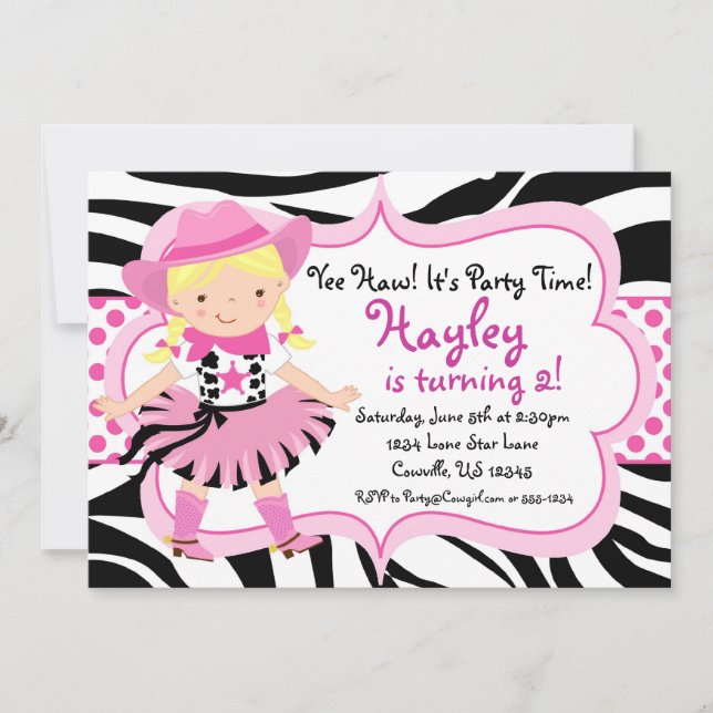 Hot Pink and Zebra Print Cowgirl Birthday Party Invitation (Front)