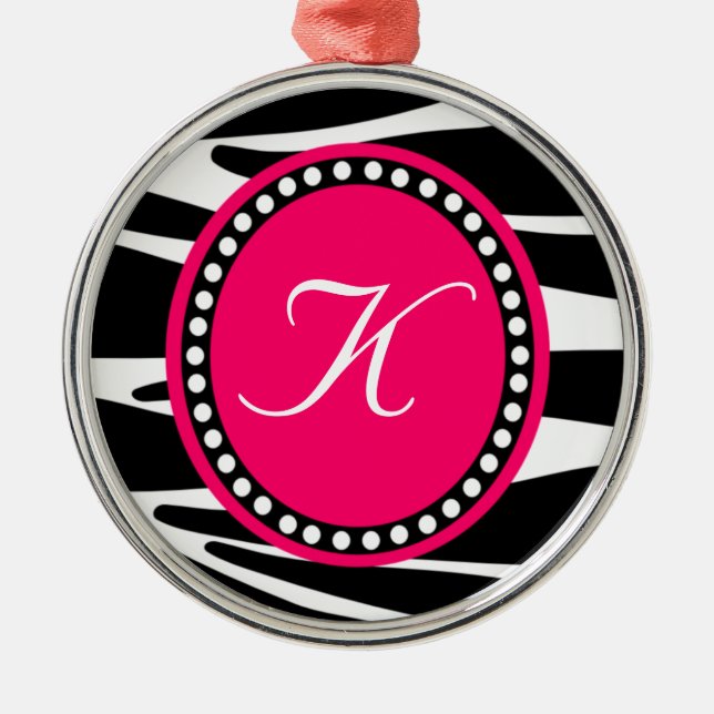 Hot Pink and Zebra Stripe Monogrammed Ornament (Front)