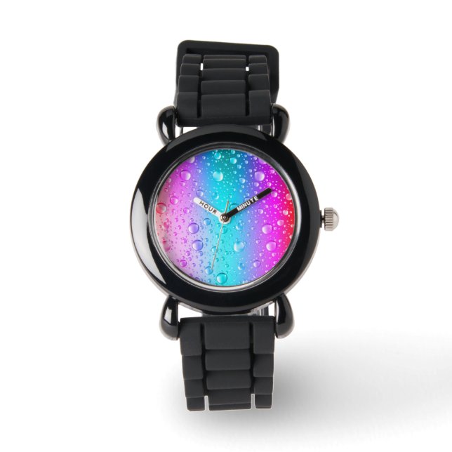 Hot Pink & Aqua Blue Gradient Water Droplets Watch (Front)