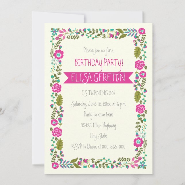 Hot pink & aqua floral border women birthday party invitation (Front)