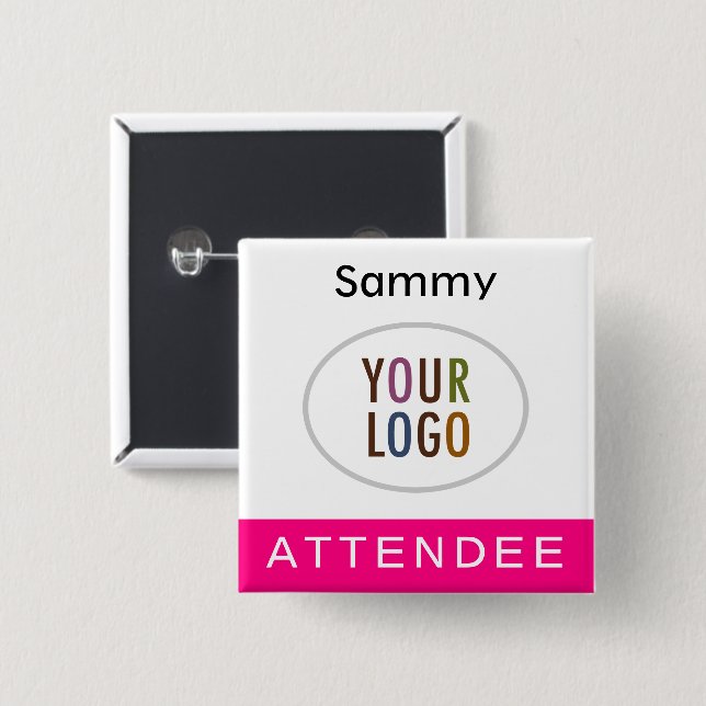Hot Pink Attendee Name Badge Logo Square Pinback (Front & Back)