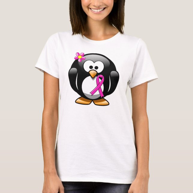 Hot Pink Awareness Ribbon Penguin T-Shirt (Front)
