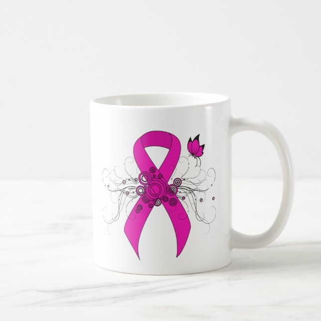 Hot Pink Awareness Ribbon with Butterfly Coffee Mug (Right)