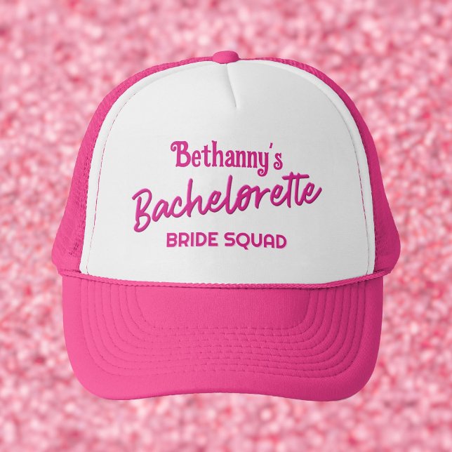 Hot Pink Bachelorette Personalised Trucker Hat (Personalize this cute hot pink trucker hat with the bride's name and the guest's roles or name.)