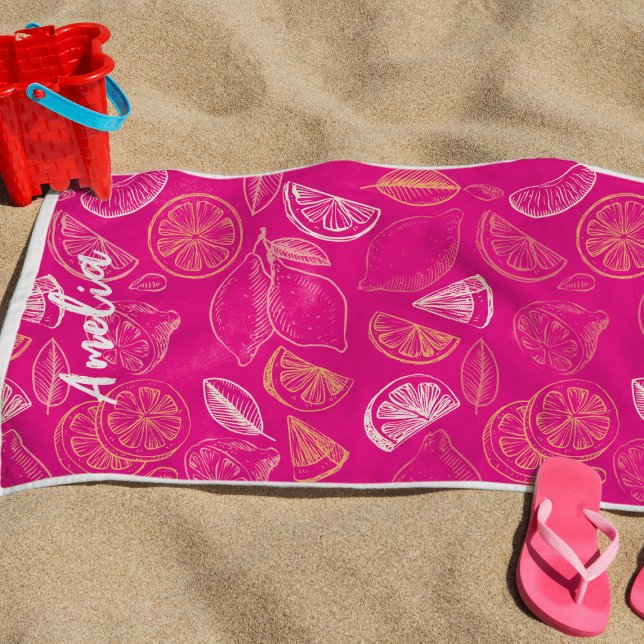 Hot pink Bachelorette weekend  Bridesmaid Lemon Beach Towel (Creator Uploaded)