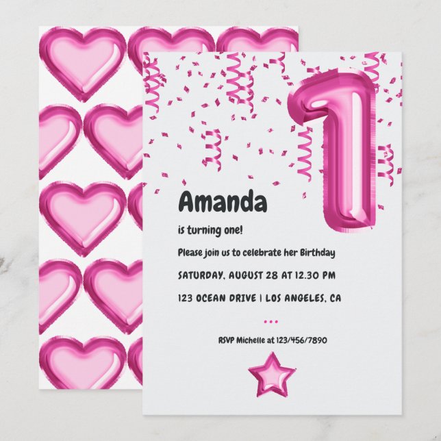 Hot-Pink Balloon 1st Birthday Invitation (Front/Back)