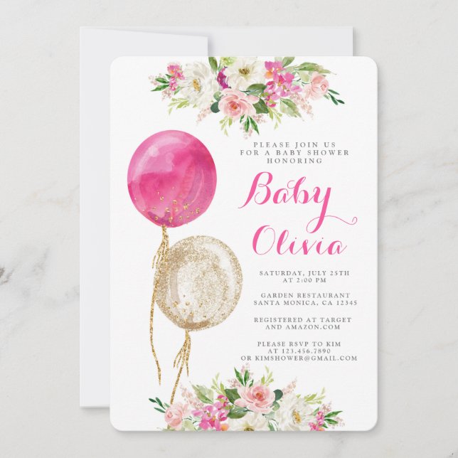 Hot pink balloons baby shower invitation (Front)