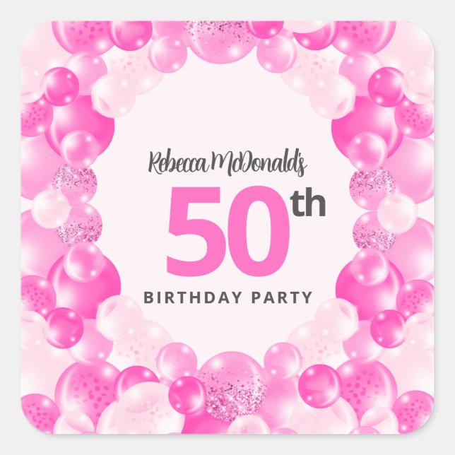 Hot Pink Balloons Faux Glitter 50th Birthday Party Square Sticker (Front)