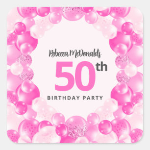 Hot Pink Balloons Faux Glitter 50th Birthday Party Square Sticker