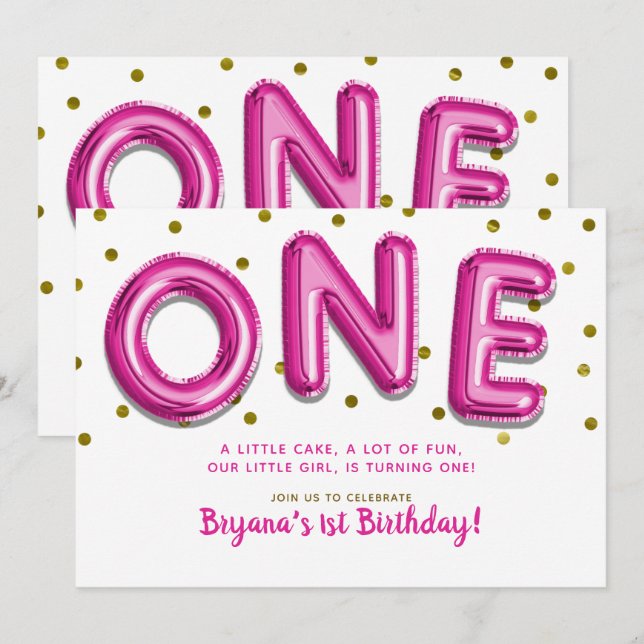 Hot Pink Balloons Gold Dots ONE 1st Birthday Party Invitation (Front/Back)
