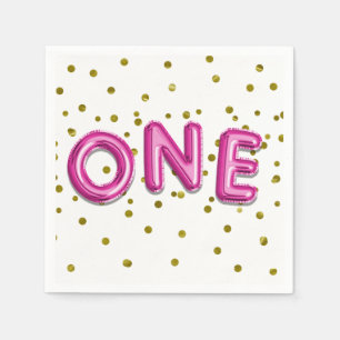 Hot Pink Balloons Gold Dots ONE 1st Birthday Party Napkin