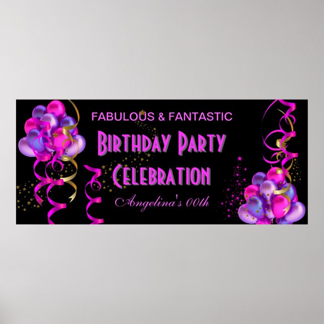 HOT PINK Banner Birthday Party Celebration Black Poster (Front)