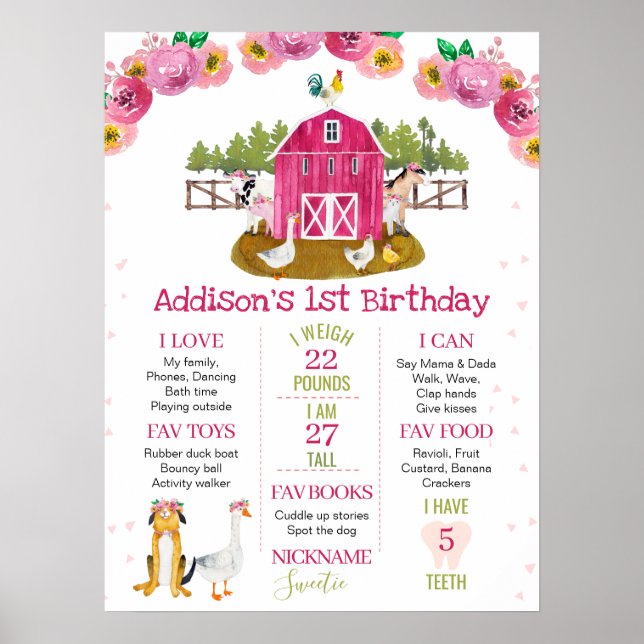 Hot Pink Barn Farm Birthday Milestone Poster (Front)