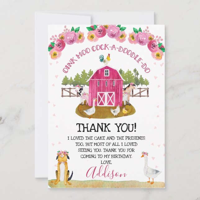 Hot Pink Barn Farm Birthday Thank You Card (Front)