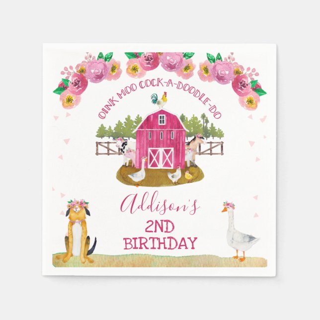Hot Pink Barn Farm Farmyard Animals Birthday  Napkin (Front)