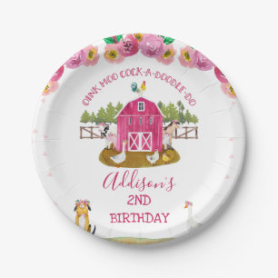 Hot Pink Barn Farm Farmyard Animals Birthday Paper Plate