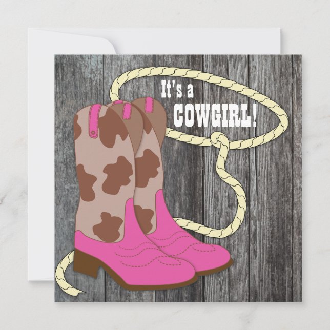 Hot Pink Barn Wood Cowgirl Baby Shower Invitation (Front)