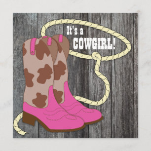Hot Pink Barn Wood Cowgirl Baby Shower Invitation